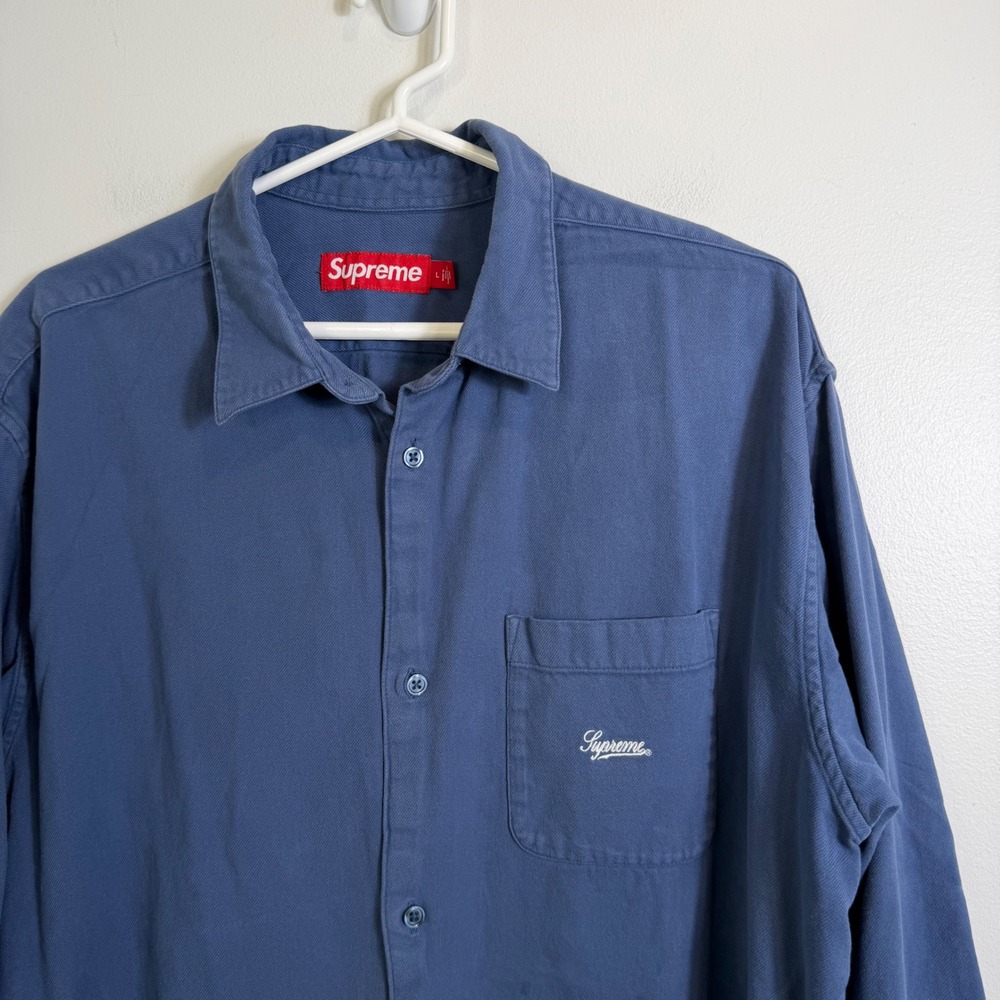 Supreme Flannel Shirt Mens Large Dark Slate Blue Button Down Embroidered Logo